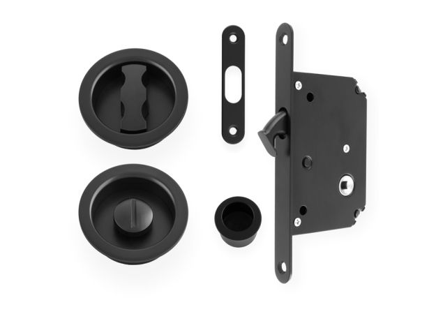 Schuifdeurslot set - Mat zwart - inclusief rond deurbeslag - AW110RBL