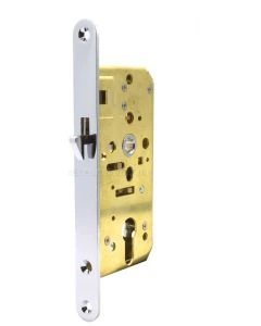 Insteekschuifdeurslot 104K ronde voorplaat Profielcilinder Messing gepolijst Chroom Doornm.40mm H.o.h 60mm