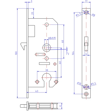 Insteekschuifdeurslot 104-serie Pc Messing gepolijst Doornm.40mm H.o.h 60mm small