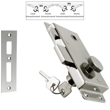 Oplegslot met knopprofiel cilinder, rechtsdraaiend, messing chroom